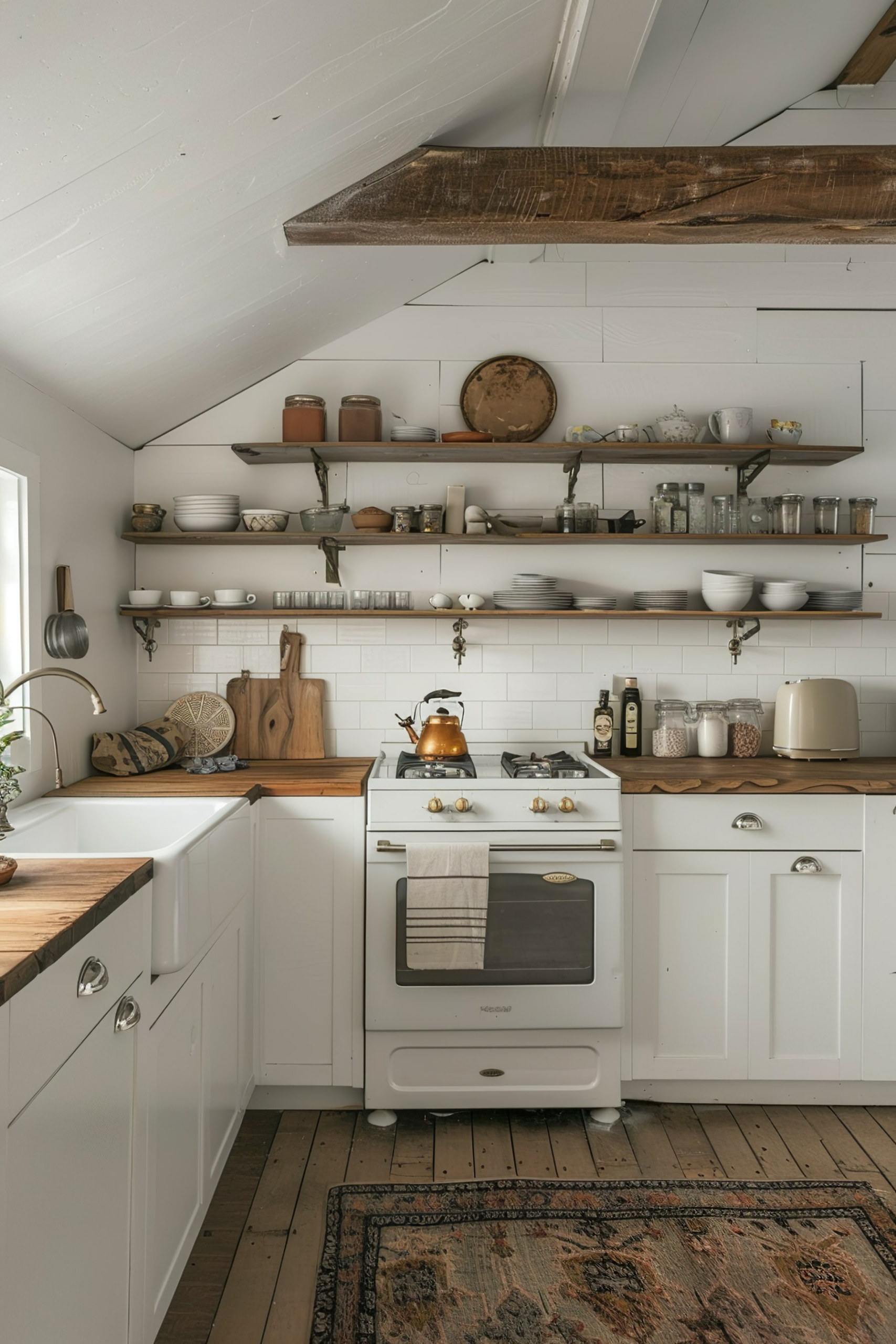 Rustic kitchen interior with white cabinetry, wooden countertops, open shelves, and a vintage-style stove.