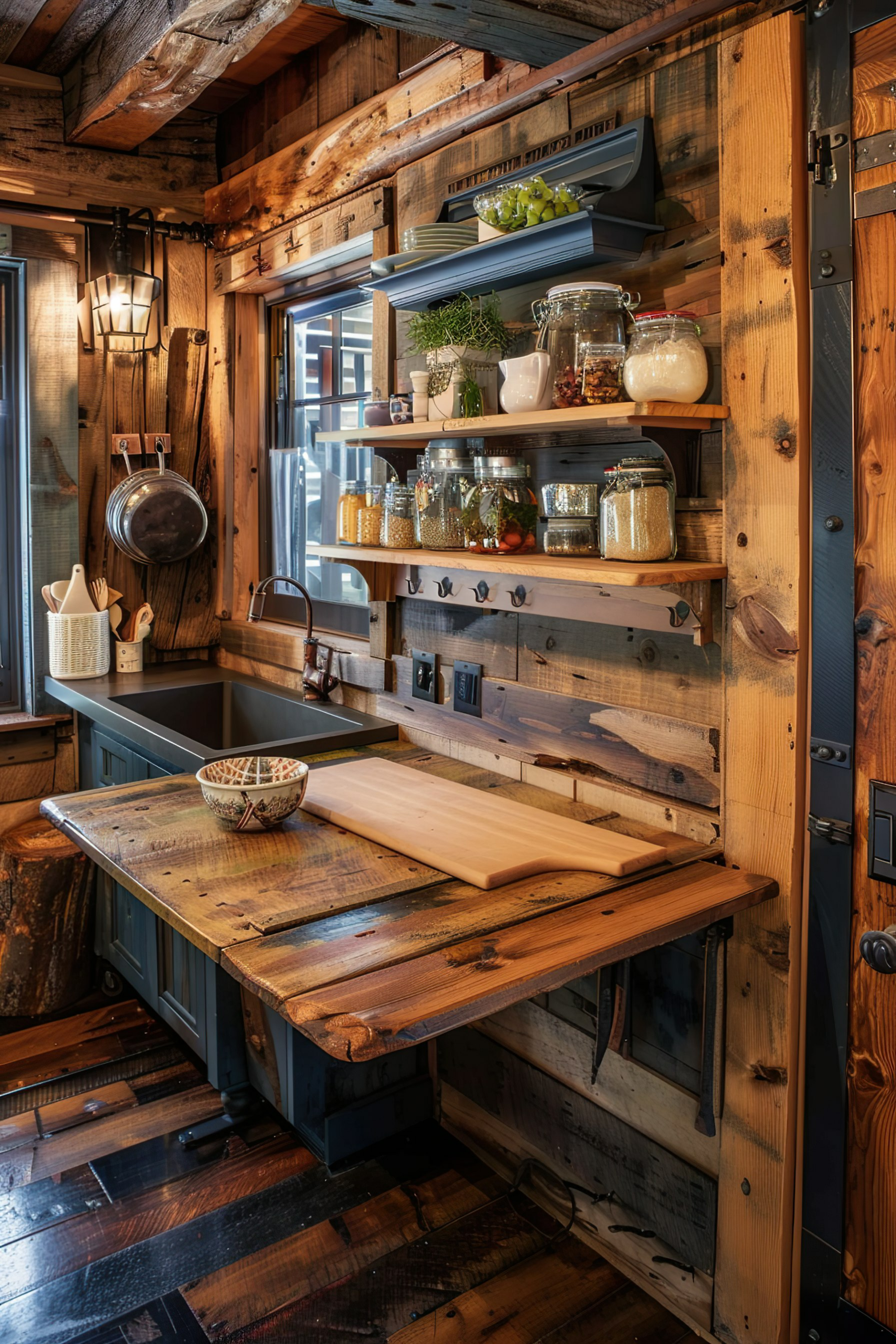 Rustic kitchen interior with wooden countertops, shelves with jars and utensils, and a hanging pot beside a window.