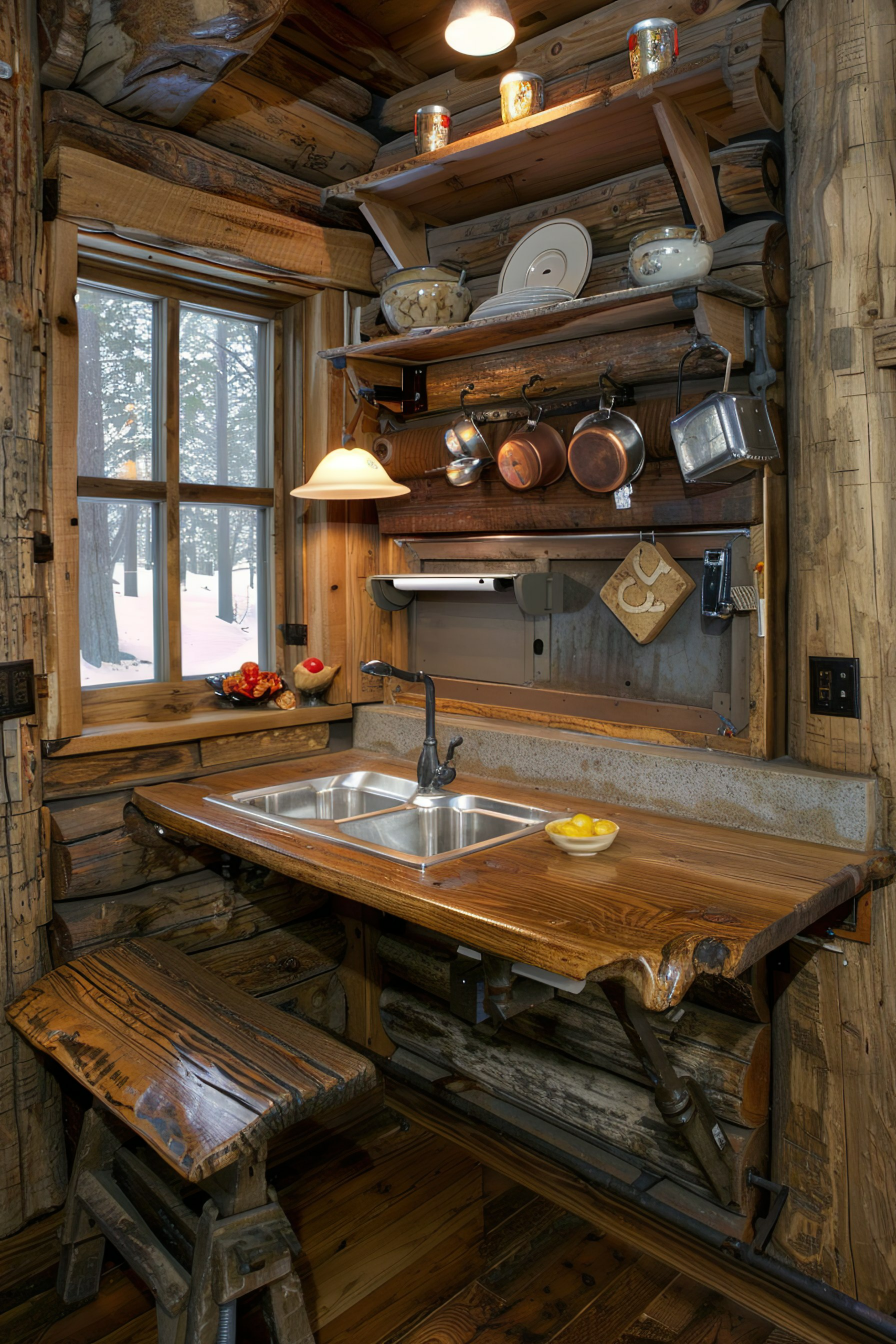 A cozy rustic kitchen corner featuring a log cabin style, with open shelving, copper pots, and a window overlooking a snowy landscape.