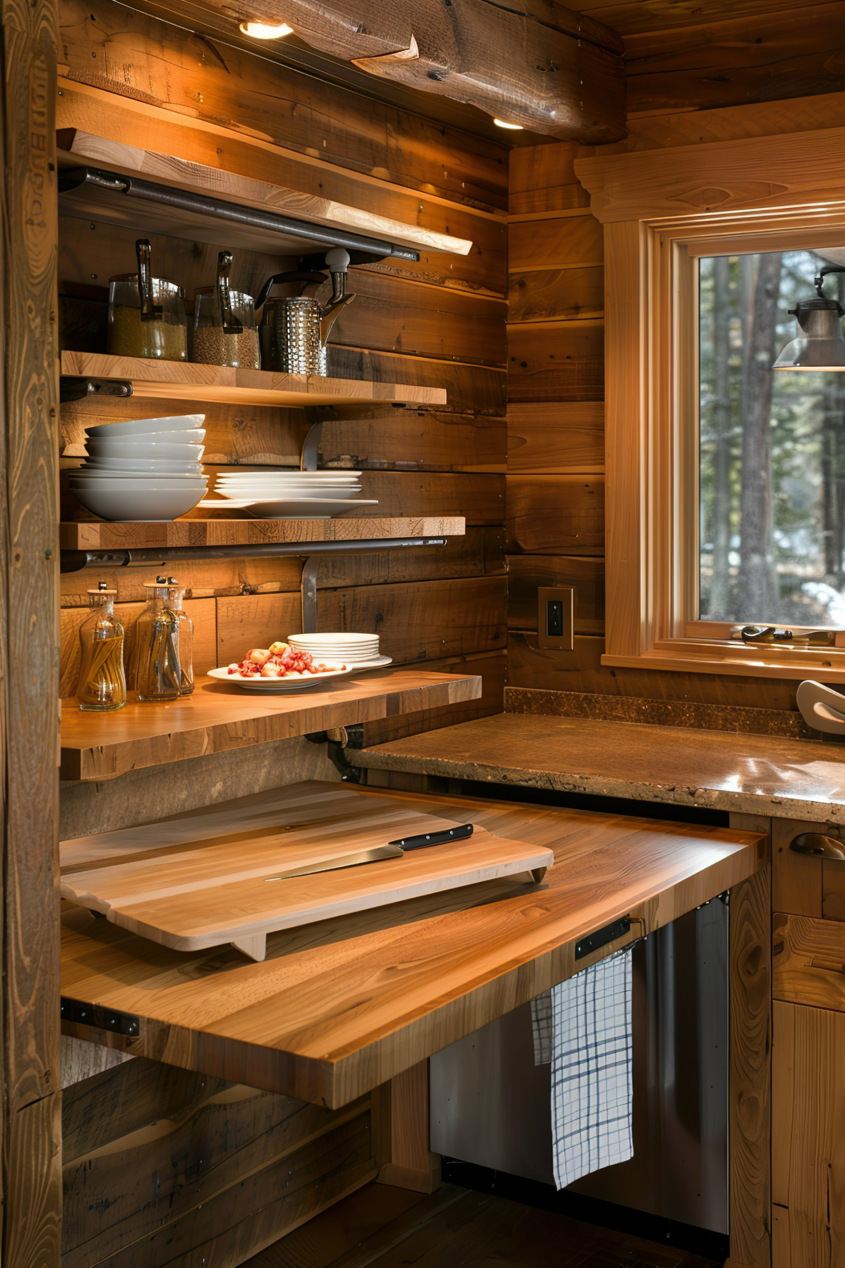 A cozy wooden kitchen interior with open shelves, dishware, pull-out cutting boards, and a view of trees through the window.