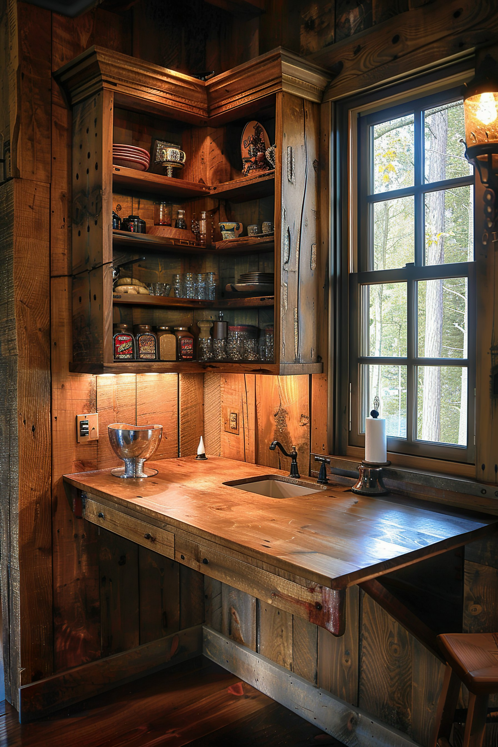 Rustic wooden kitchen corner with open shelves filled with dishes, a window view of trees, and a countertop with a sink.