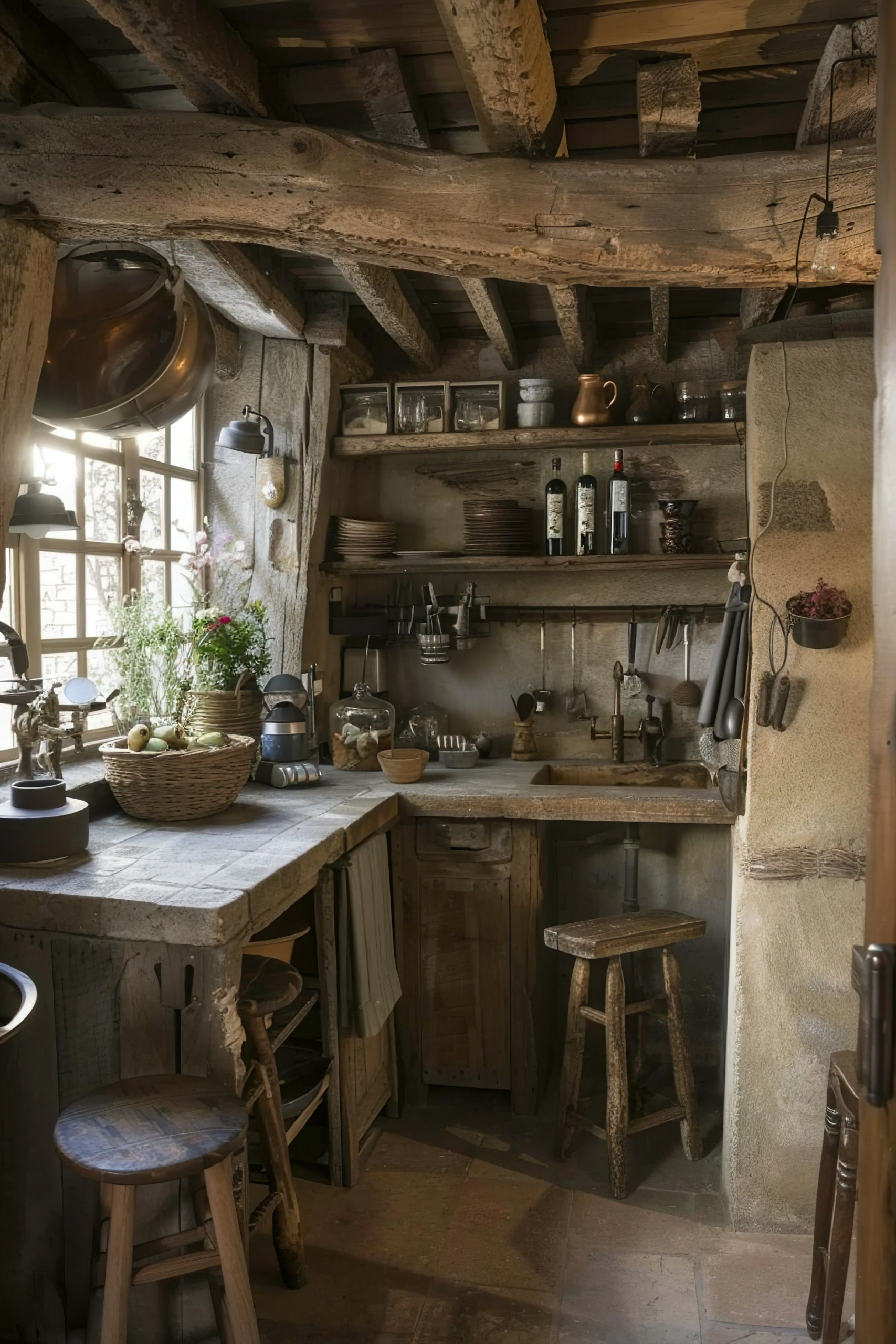 Rustic kitchen interior with wooden beams, stone countertops, open shelving filled with utensils, and a large window.