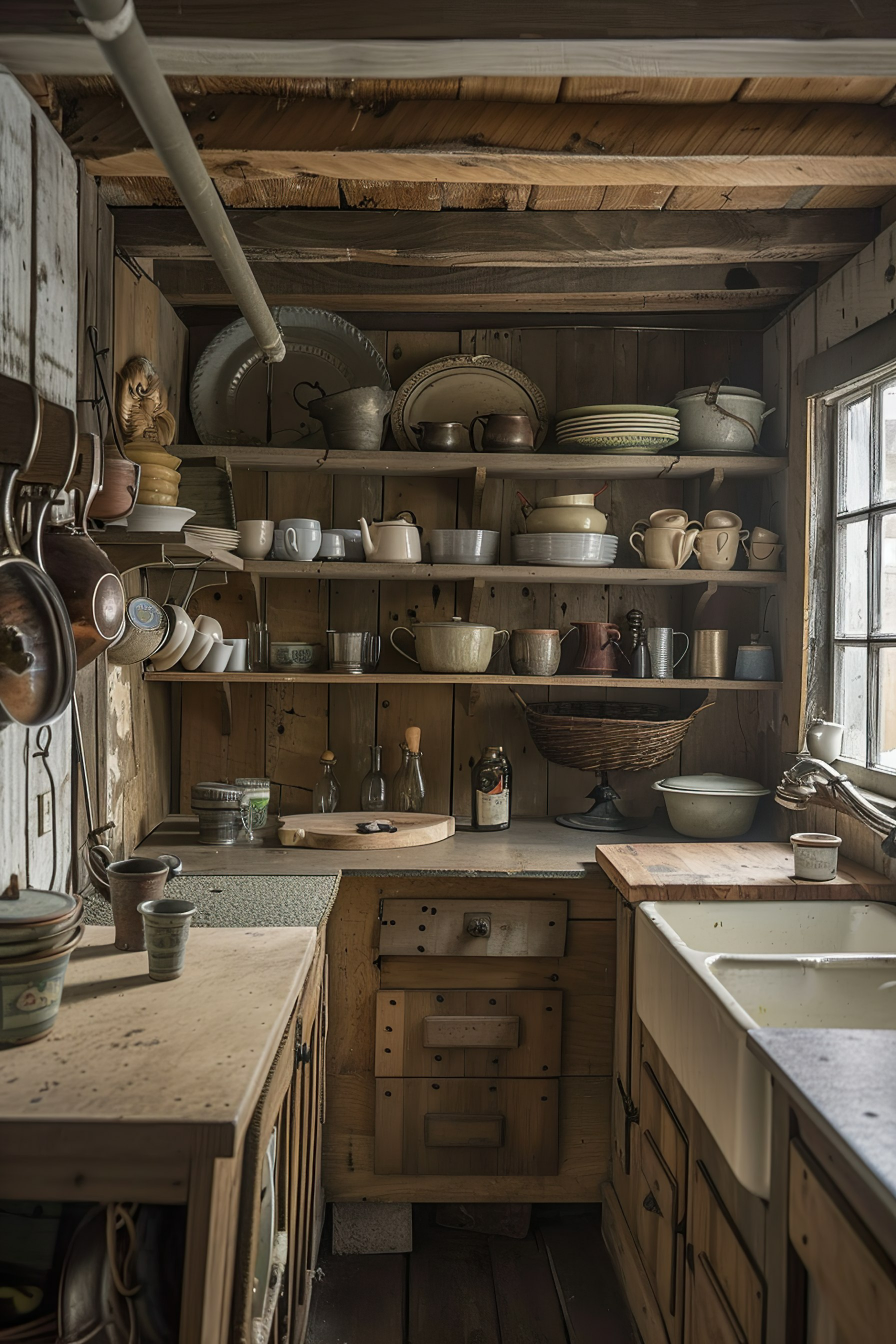 ALT: A cozy rustic kitchen with wooden shelves filled with assorted crockery, a stone countertop, and a large porcelain sink.