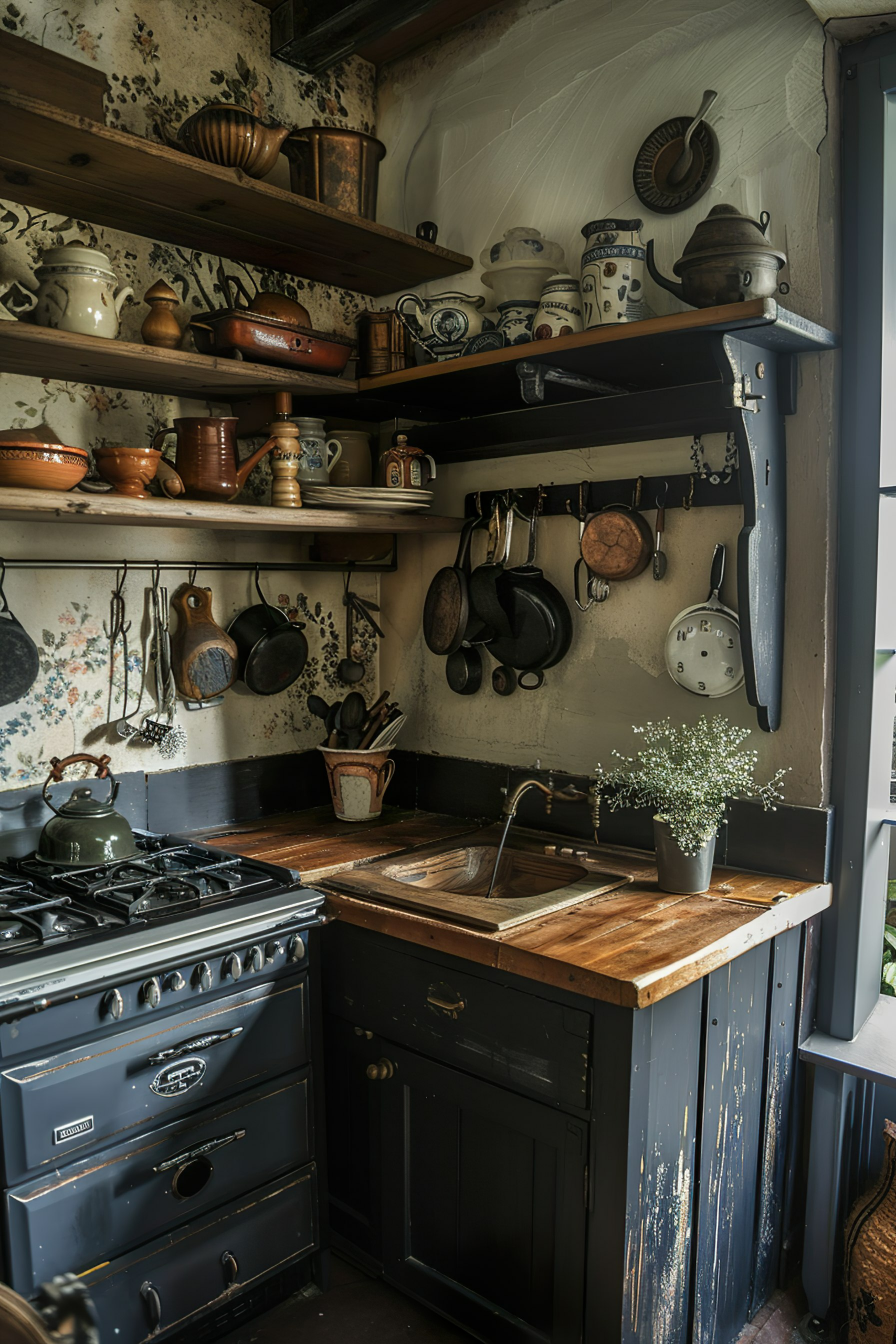 Rustic kitchen interior with wooden shelves filled with pottery, hanging cast iron pans, a vintage stove, and a wooden countertop with a sink.