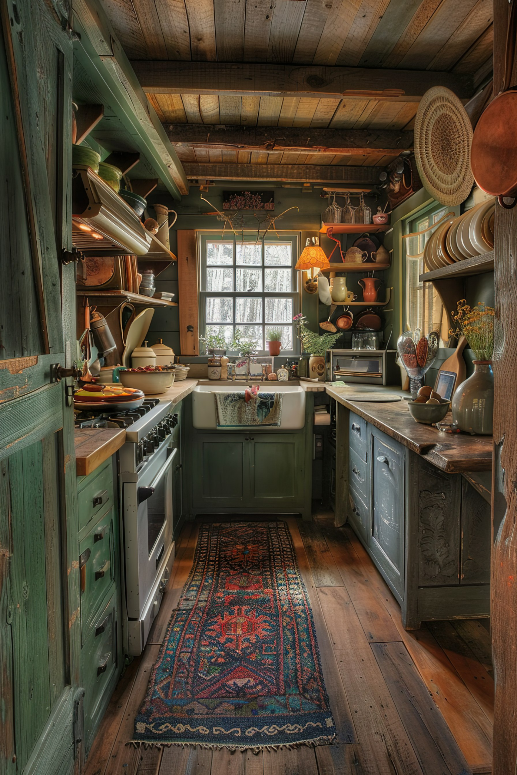 Cozy rustic kitchen interior with wood cabinets, vintage utensils, farmhouse sink, patterned rug, and a window letting in natural light.