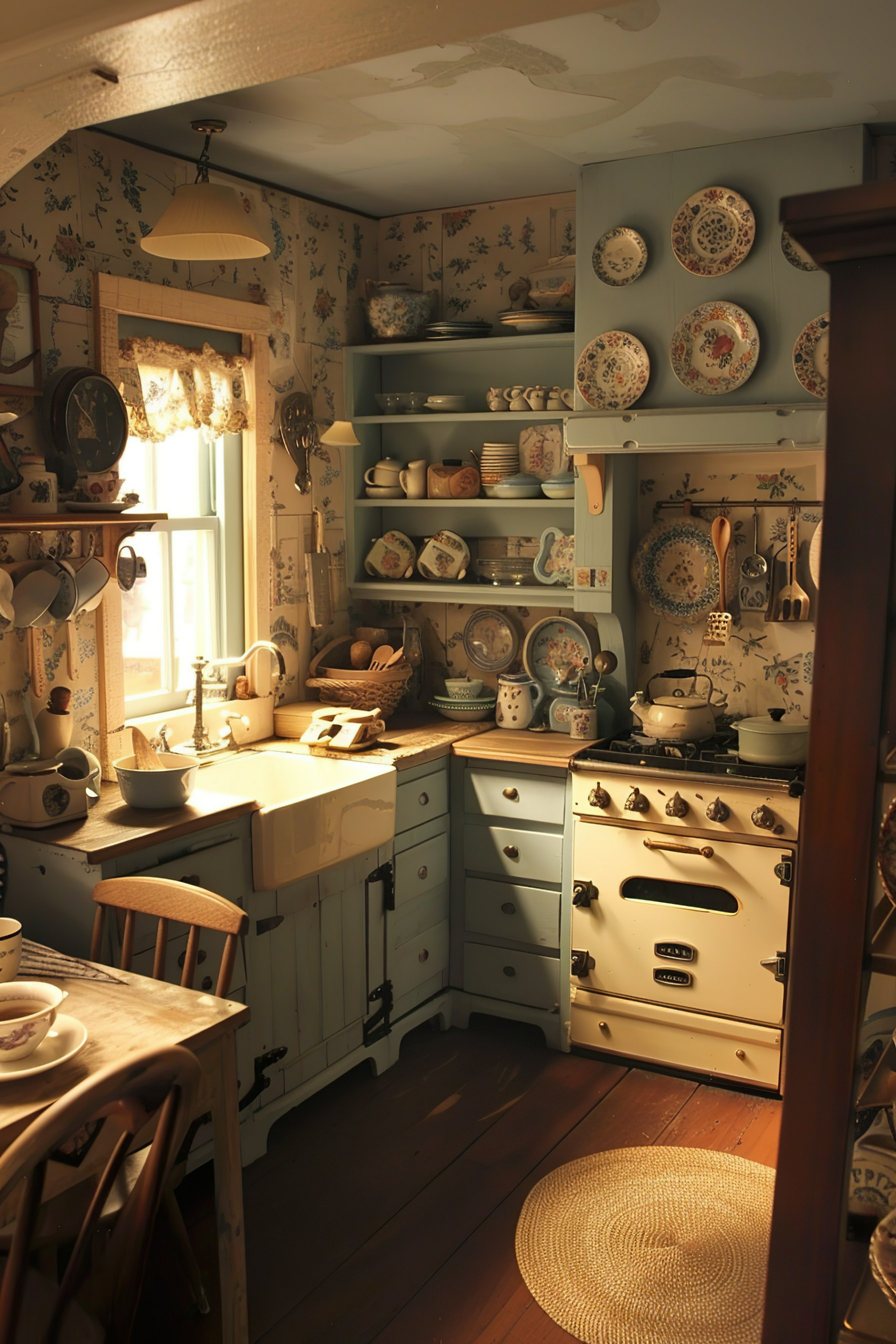 A cozy vintage kitchen with a classic stove, floral wallpaper, and shelves adorned with decorative plates and crockery.