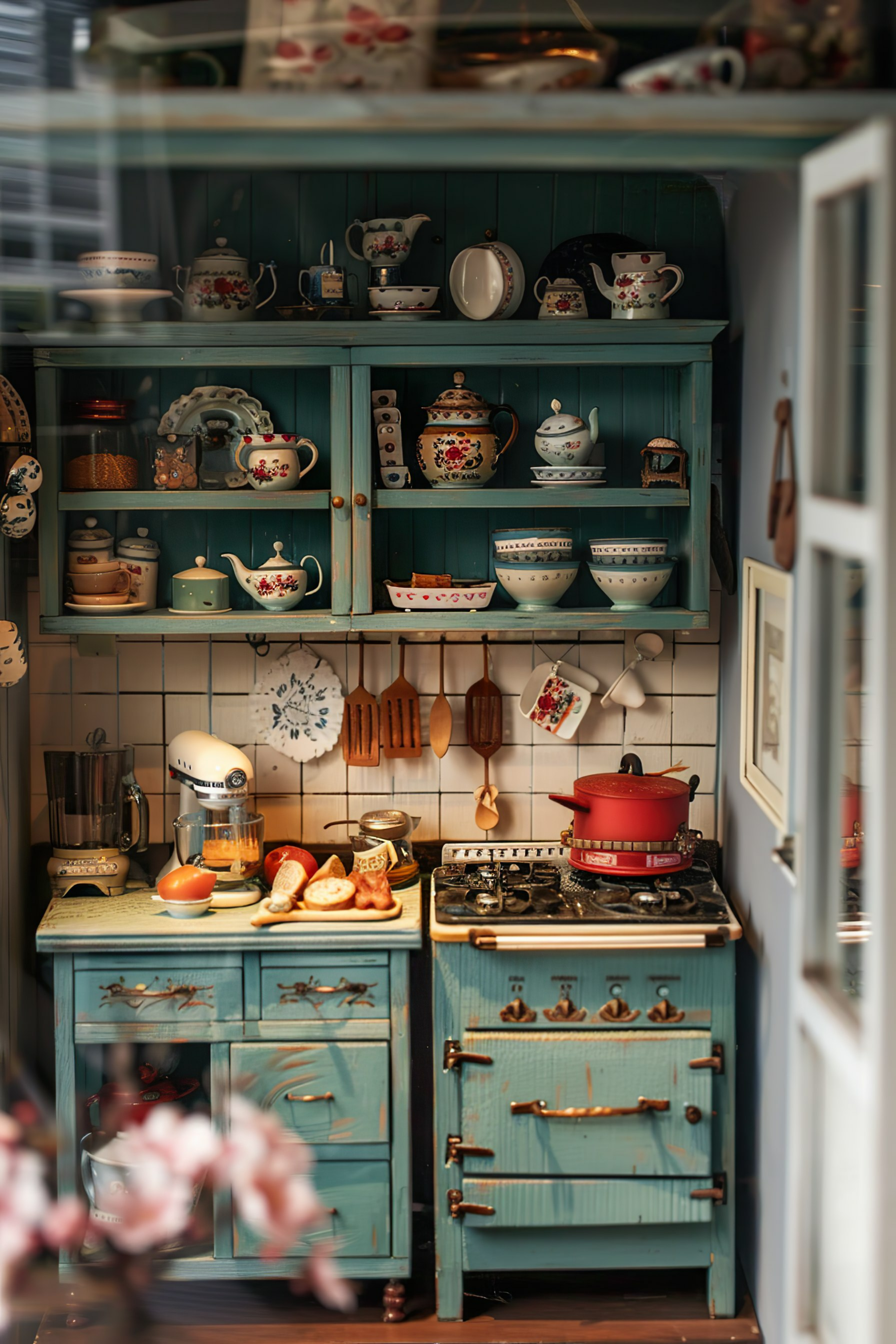 Vintage-style kitchen with turquoise cabinets, a variety of porcelain dishware, and cooking utensils, with a rustic stove and mixer.