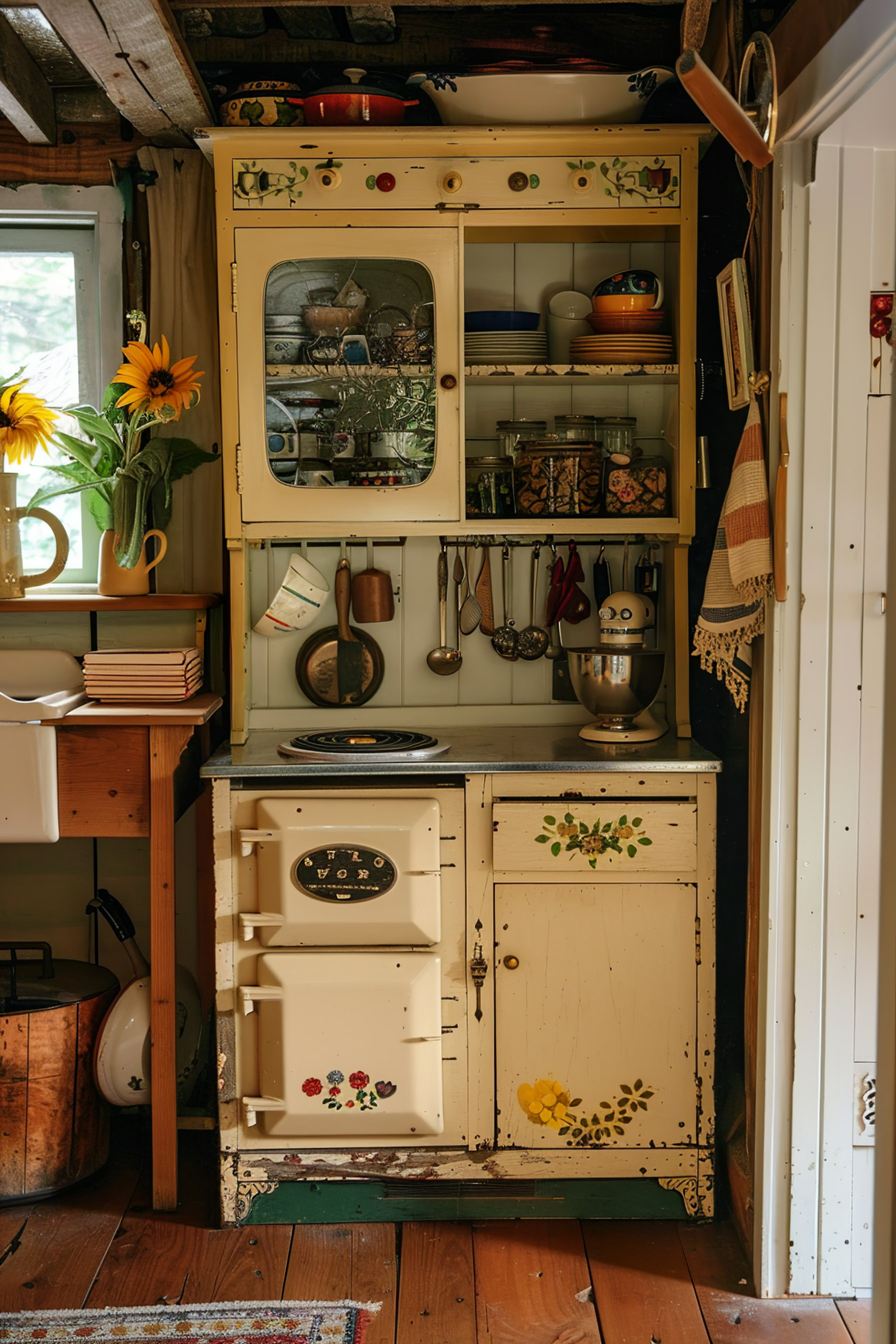 Vintage kitchen interior with an antique oven, wooden utensils, and a cabinet adorned with floral designs and sunflowers on the side.