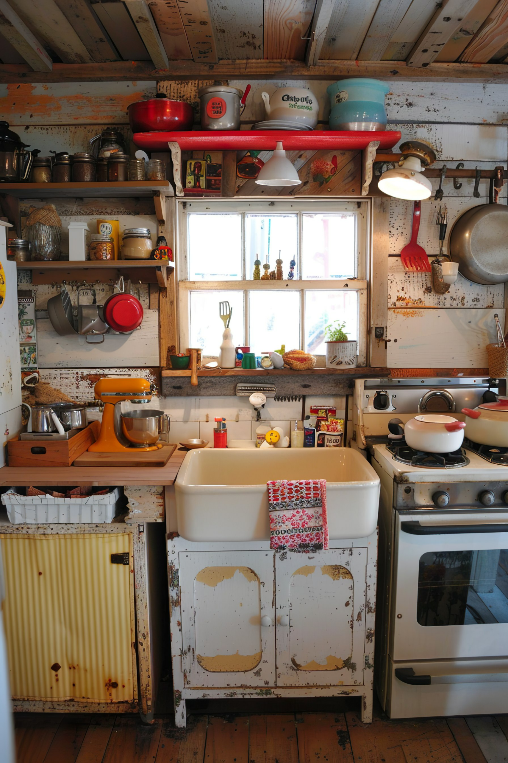 Cozy rustic kitchen interior with vintage appliances, wooden shelves filled with cookware, and a large farmhouse sink.