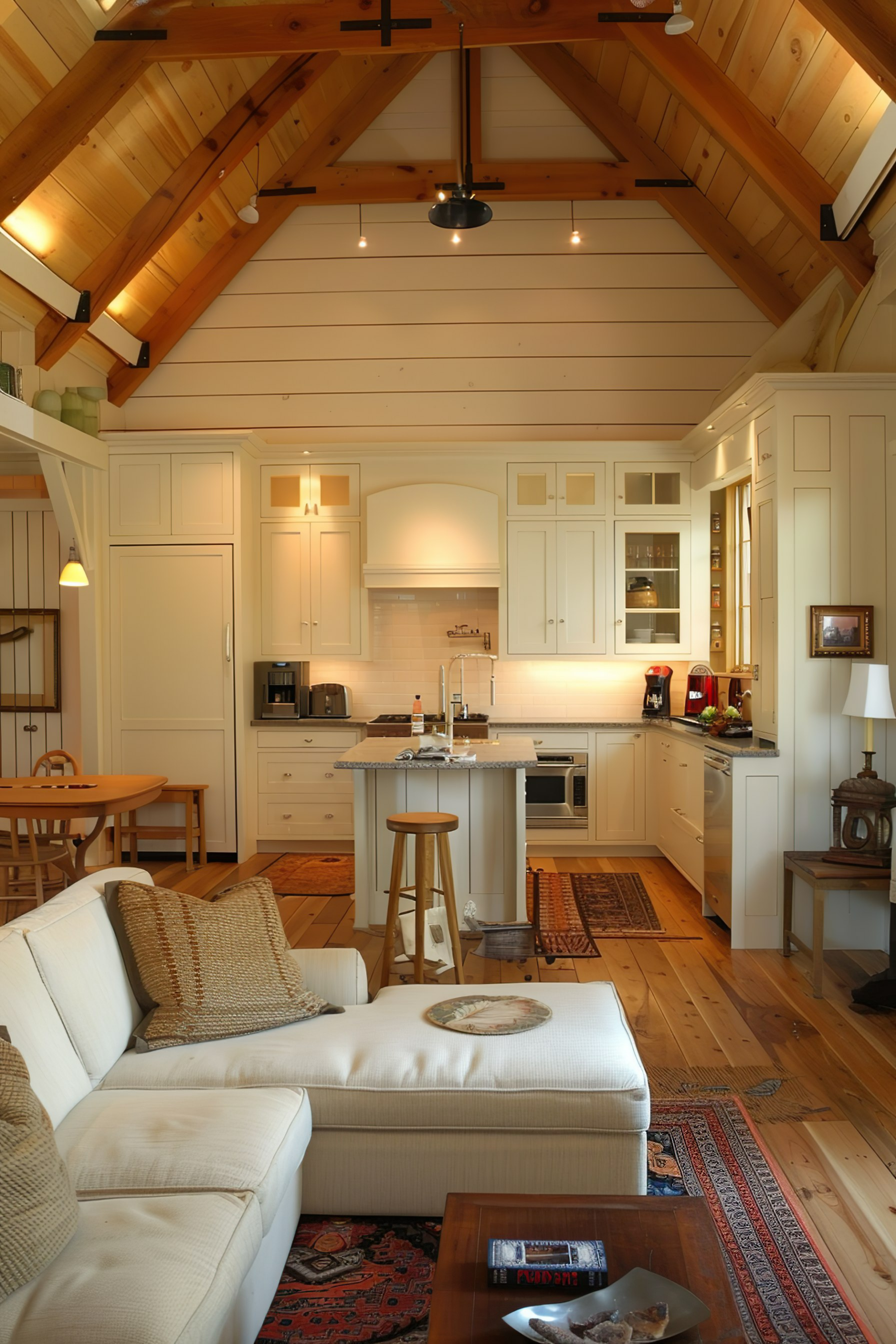 Cozy interior view showcasing a well-lit kitchen with white cabinets, wooden floors, and a living area with a sectional sofa.