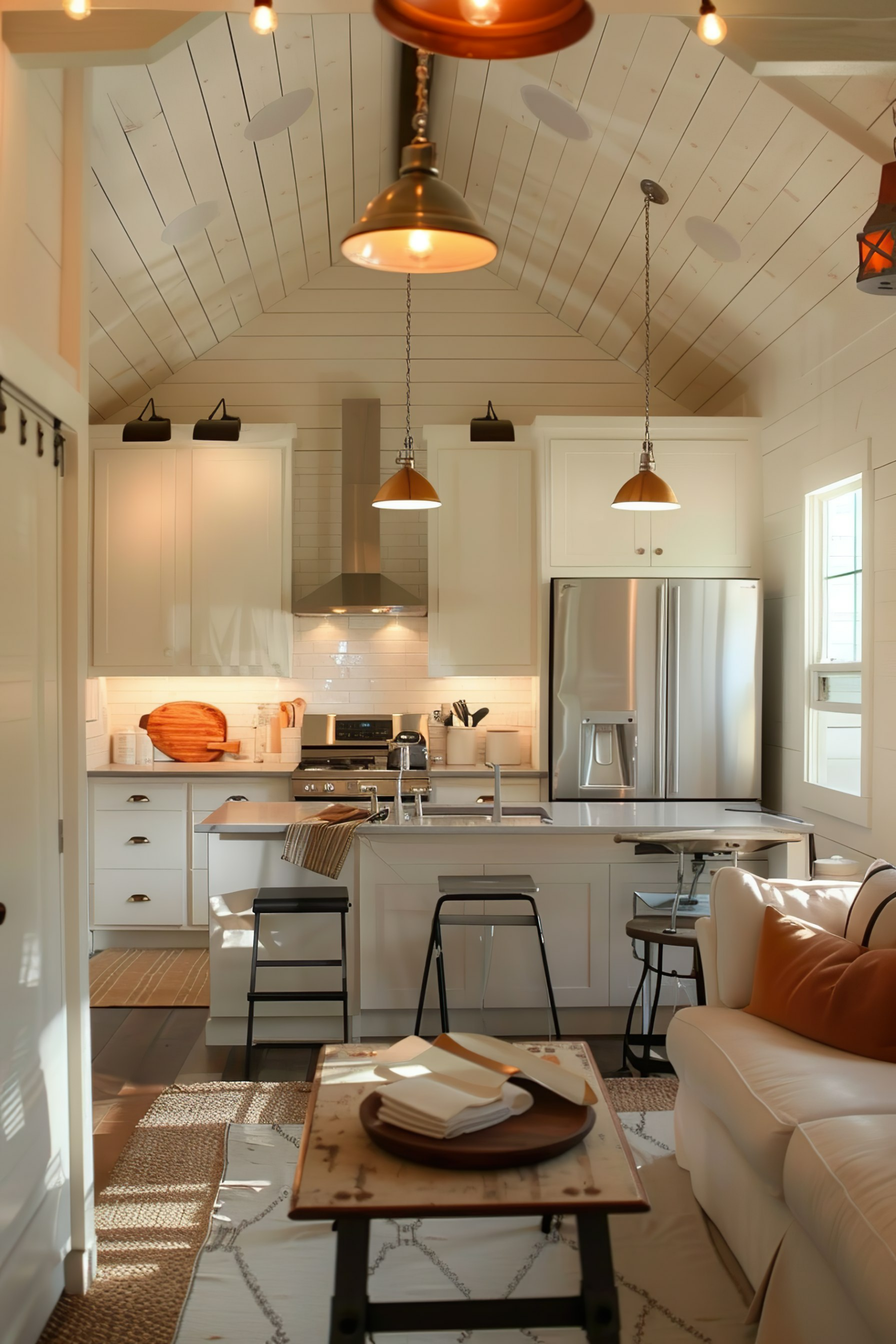 A cozy kitchen interior with white cabinets, stainless steel appliances, and pendant lighting, featuring a wooden table and leather sofa.