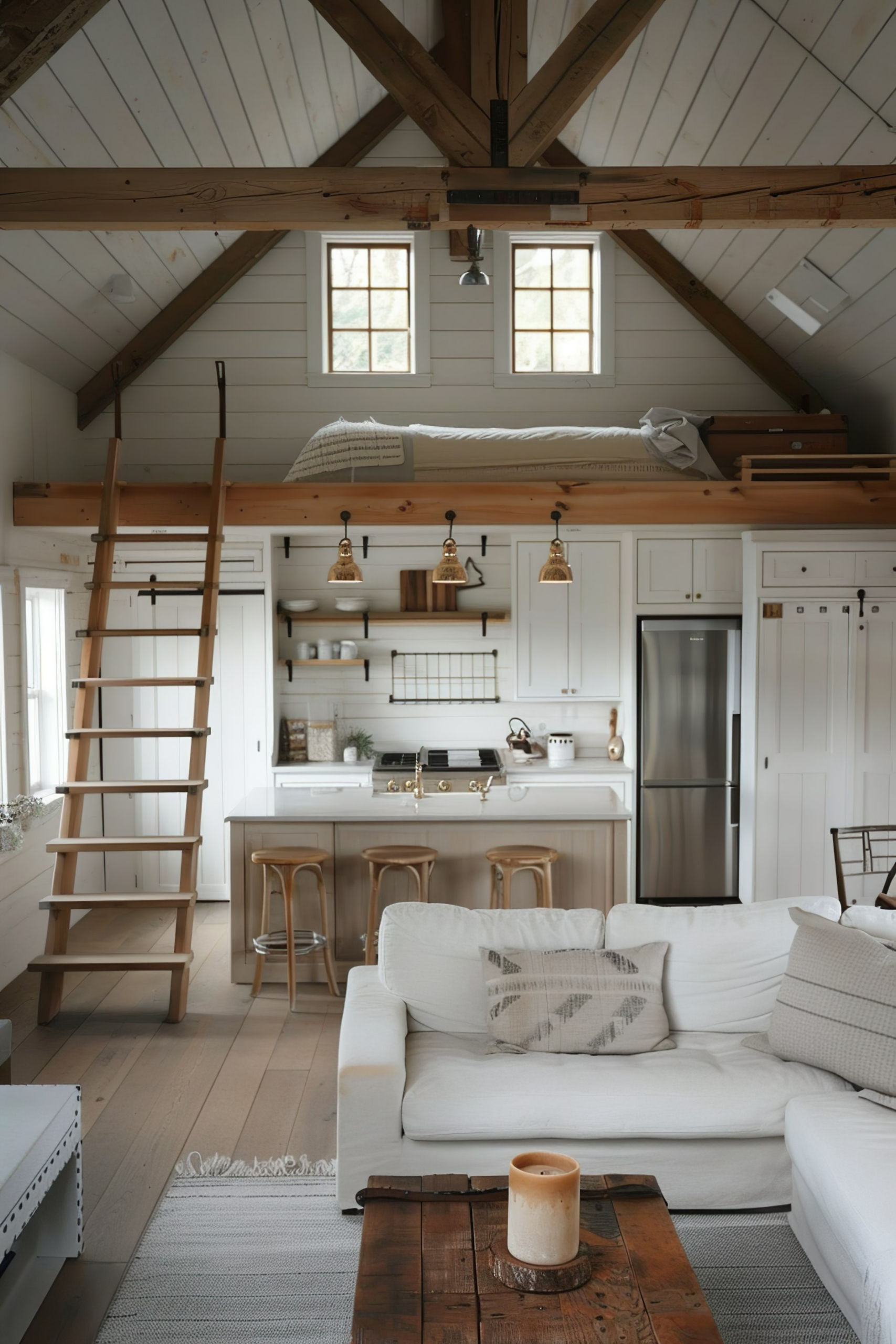 Cozy rustic-style interior with white couch, wooden ladder to loft bed, kitchen area with bar stools, and exposed wooden beams.