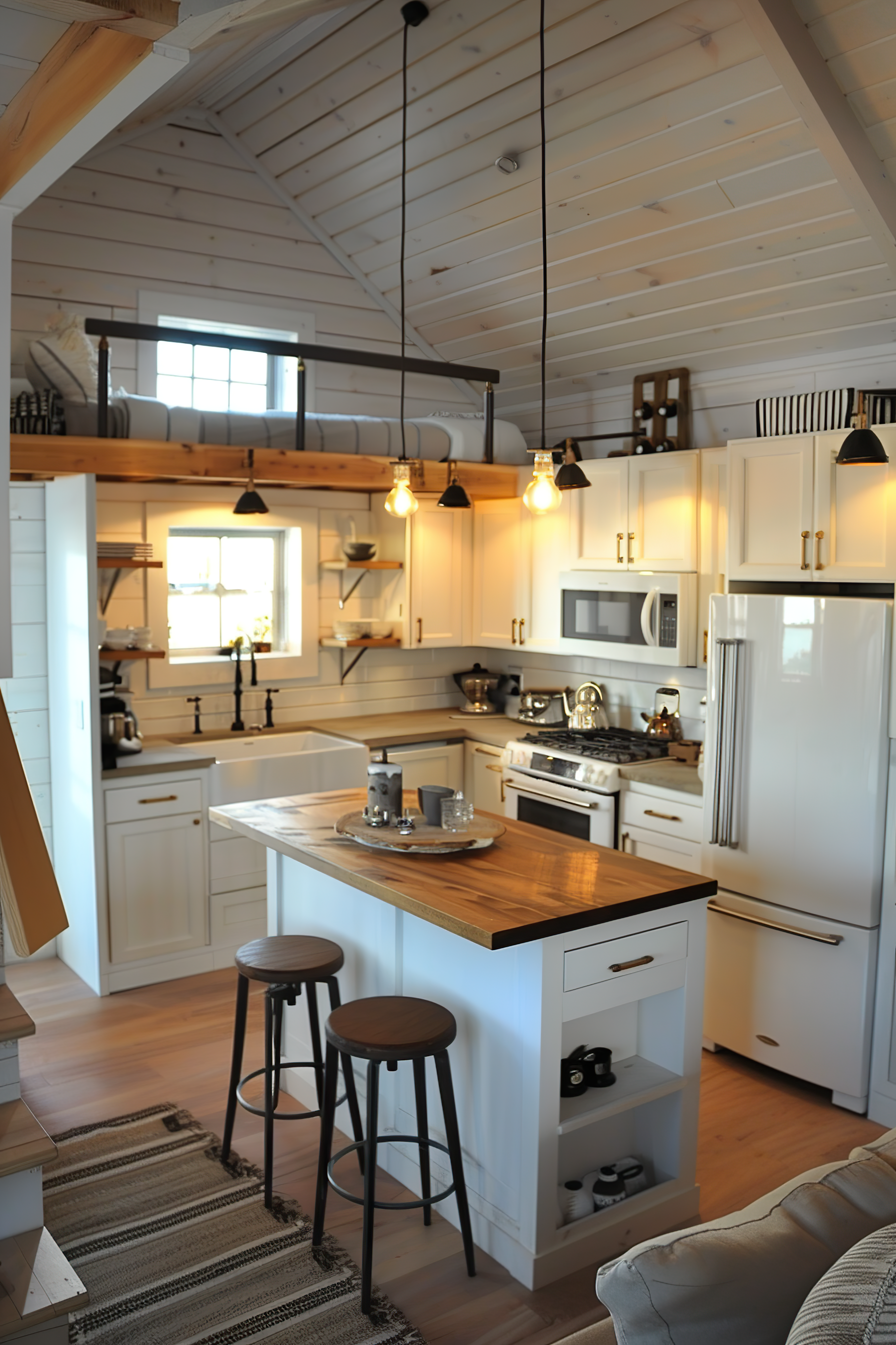 A cozy, modern kitchen interior with white cabinetry, wooden countertops, pendant lights, and bar stools.