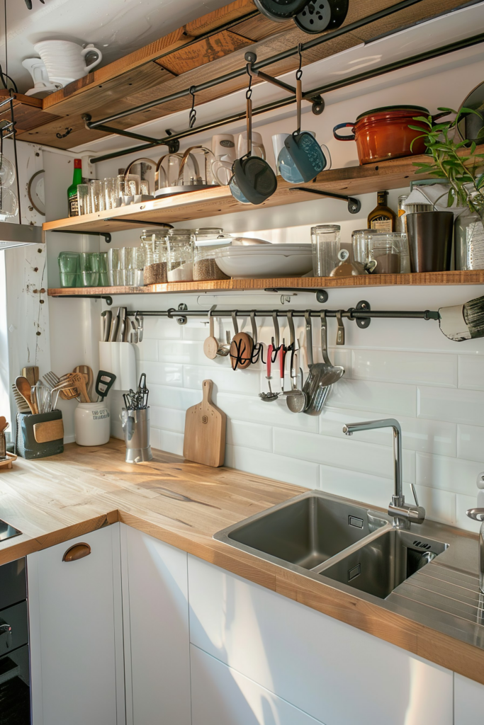 A cozy kitchen interior with white subway tiles, wooden countertops, shelves with utensils, pots, and jars illuminated by natural light.