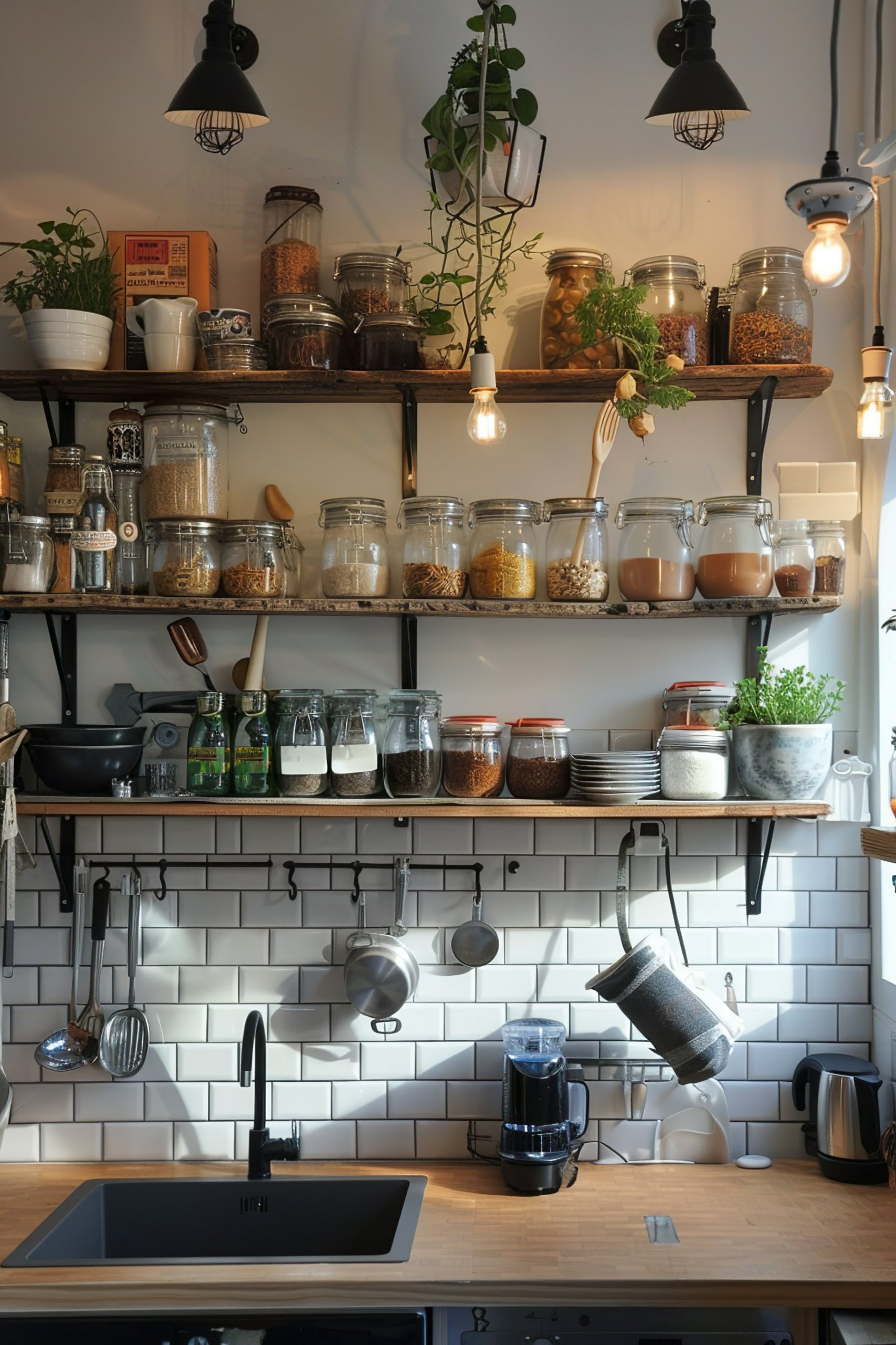 ALT: A cozy kitchen corner with open shelves filled with jars of dry goods, hanging plants, utensils, and chic pendant lighting.