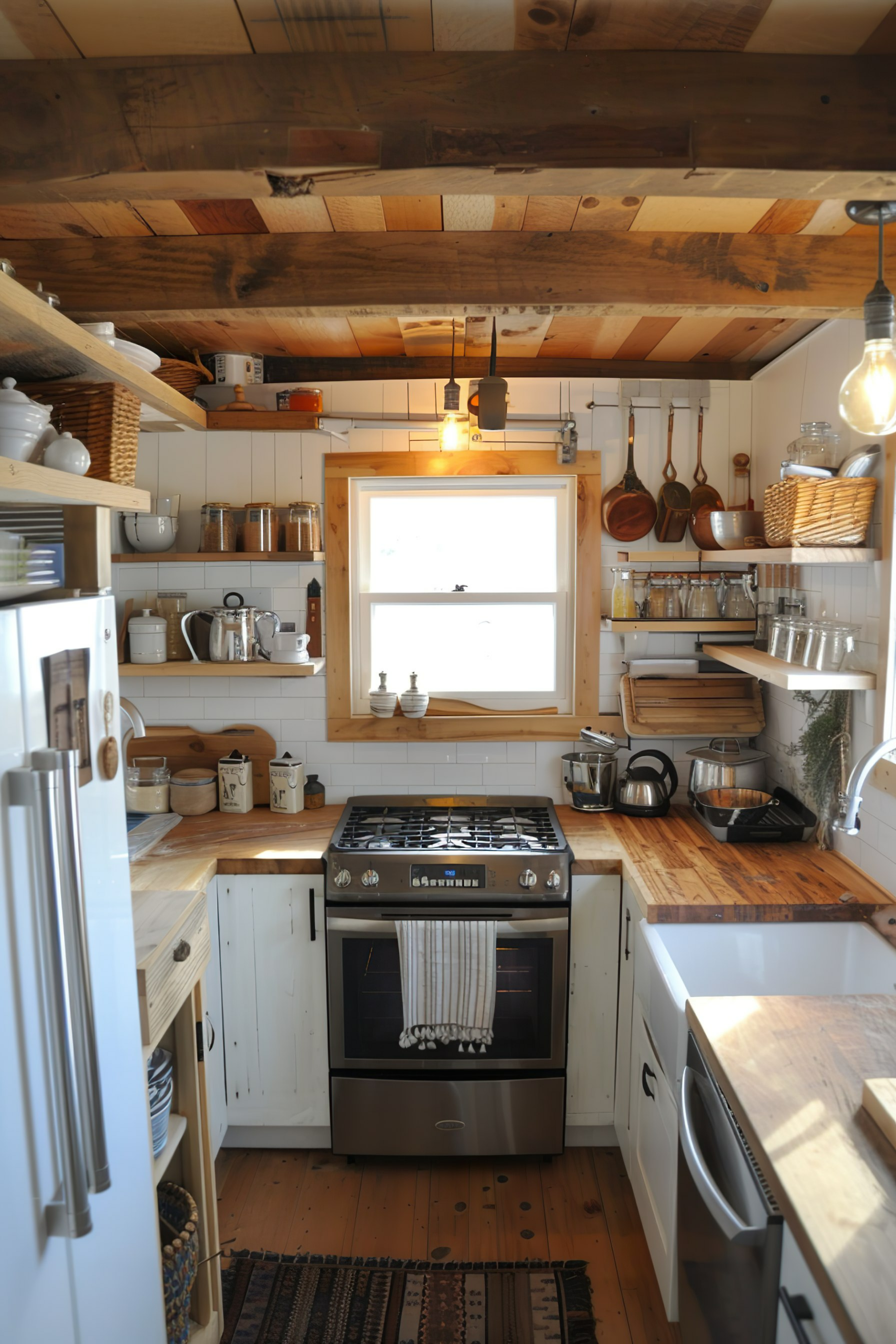 A cozy, well-lit kitchen interior with wooden cabinets, shelves, a gas stove, and a window letting in natural light.