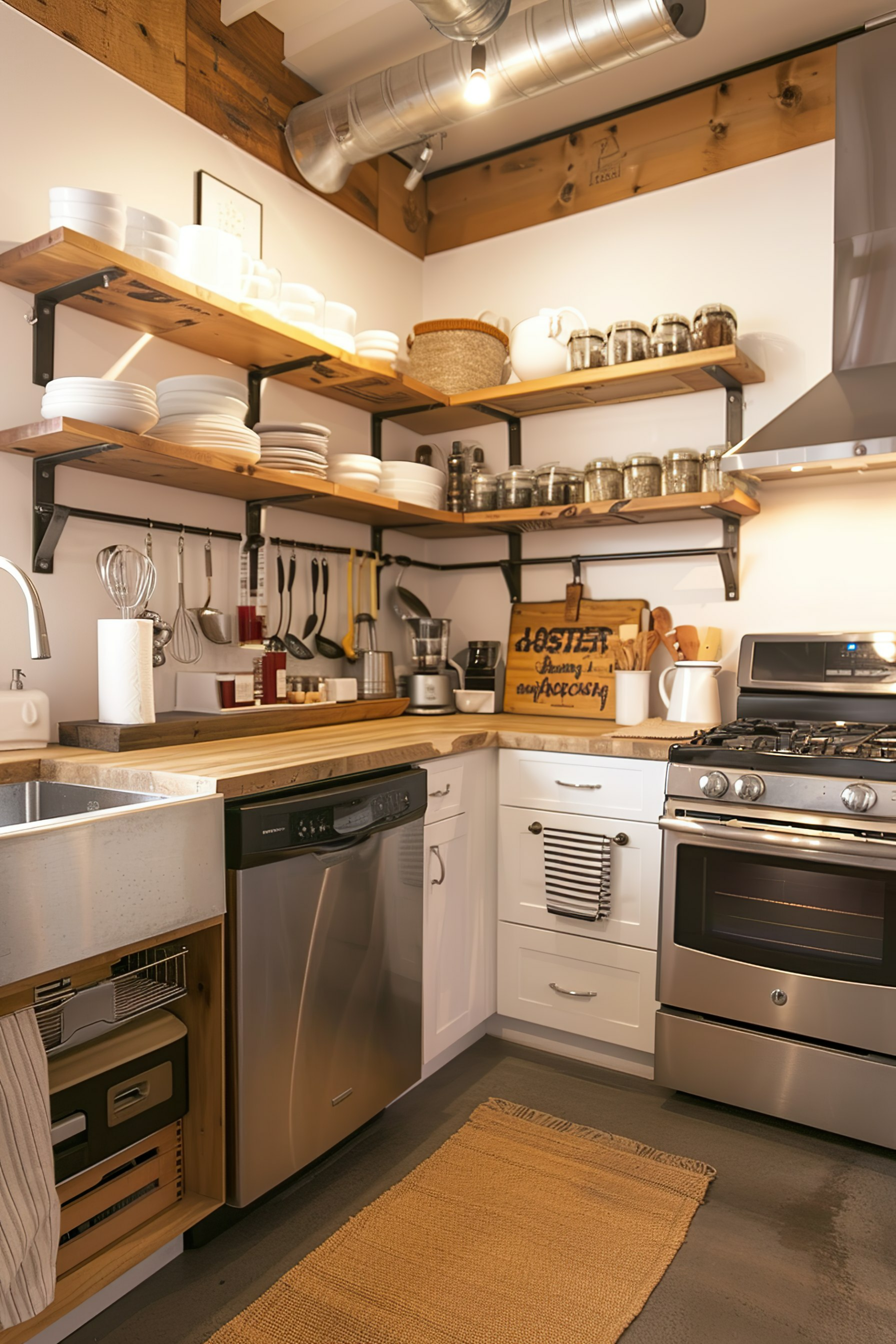 A cozy kitchen interior with wooden shelves filled with dishes, a stove, dishwasher, and utensils hanging against a white wall.