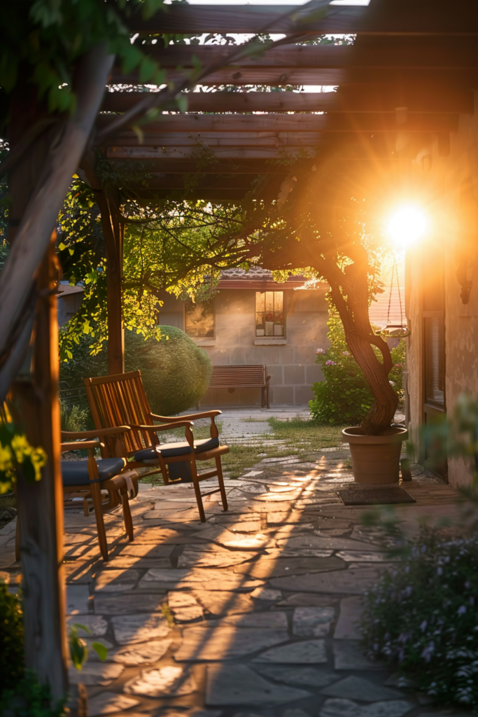 Garden pathway with wooden benches, pergola, and evening sunlight casting shadows through leaves.