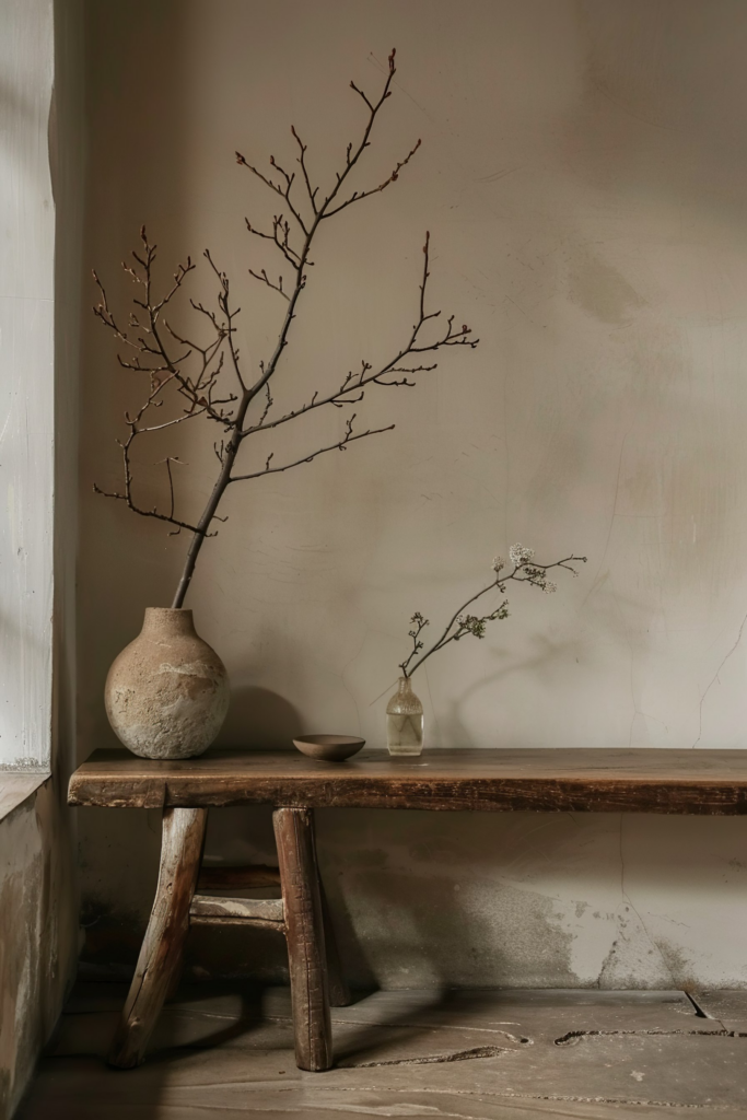 A rustic wooden bench with an earthenware vase holding bare branches and a smaller vase with delicate twigs, by a textured wall.
